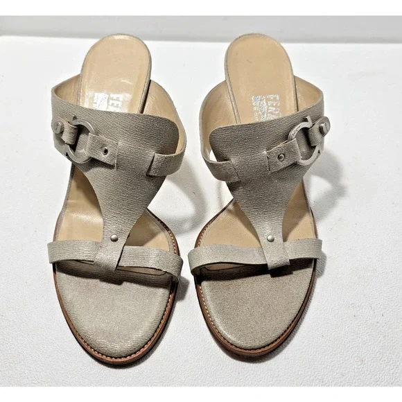 Salvatore Ferragamo Slides Sandals Women 8 B T-Strap Shoes Putty Leather - Picture 2 of 10